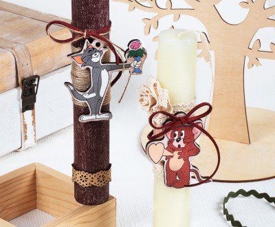 Funny πασχαλινές λαμπάδες για ζευγάρια με ξύλινα στοιχεία ''Tom & Jerry
