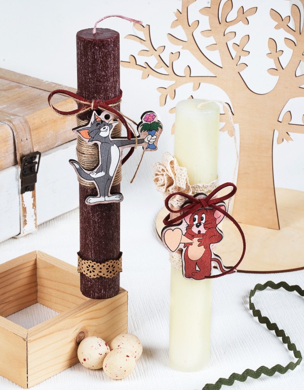 Funny πασχαλινές λαμπάδες για ζευγάρια με ξύλινα στοιχεία ''Tom & Jerry