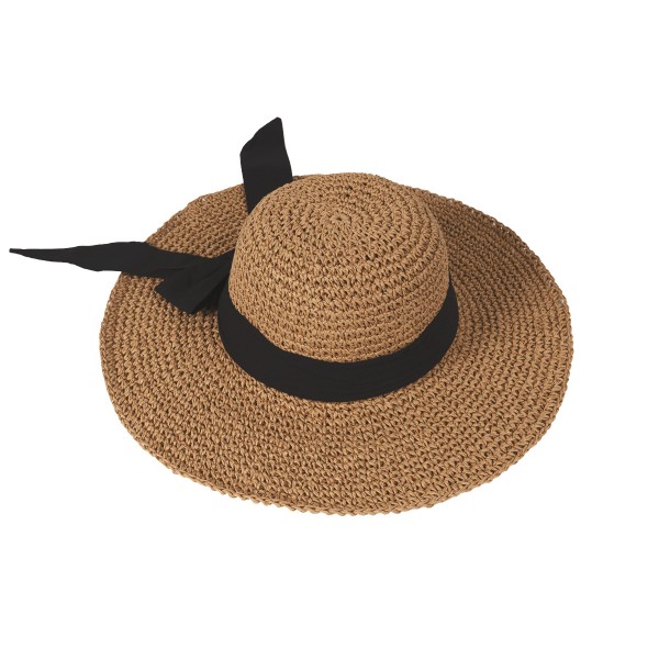 Ψάθινο καπέλο με αραιή πλέξη, μεγάλο γείσο και μαύρο φιόγκο