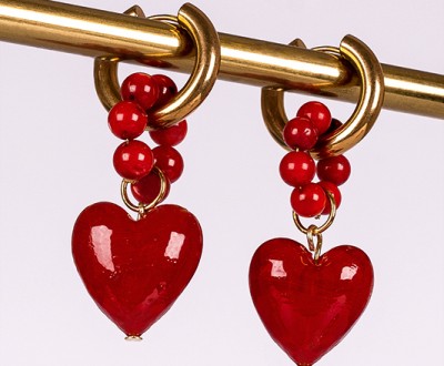 Σκουλαρίκια με γυάλινες καρδιές Murano