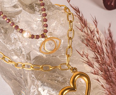 Σετ κολιέ με ατσάλινη αλυσίδα, κρύσταλλα και ατσάλινα στοιχεία