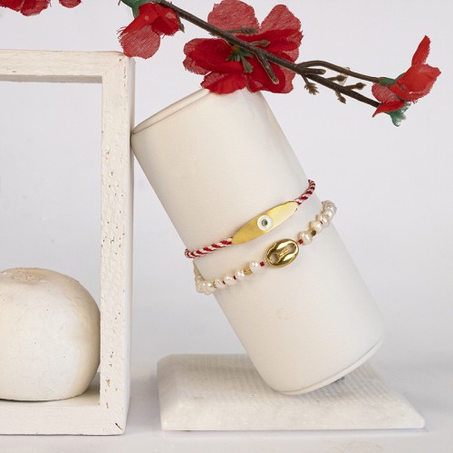 Σετ βραχιόλια Μάρτης, με μαργαριτάρια και υφασμάτινο κορδόνι