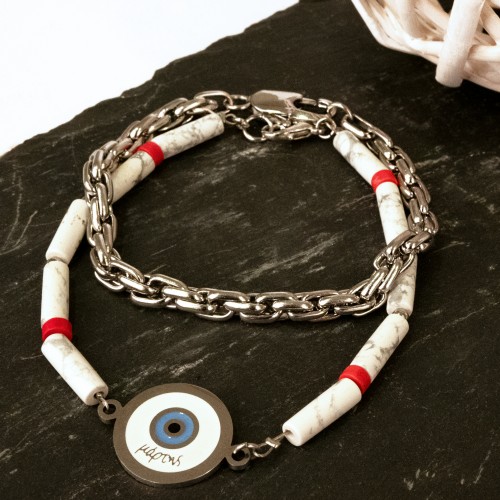 Βραχίολι Μάρτης, με ατσάλινο στοιχείο με ευχή και ατσάλινη αλυσίδα