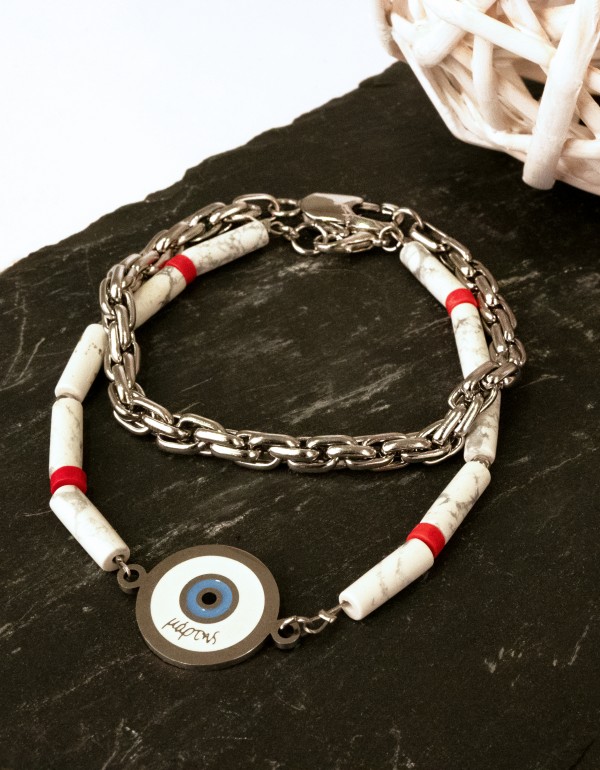 Βραχίολι Μάρτης, με ατσάλινο στοιχείο με ευχή και ατσάλινη αλυσίδα