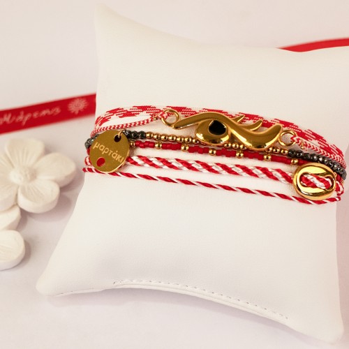 Βραχιόλι Μάρτης, με ατσάλινα στοιχεία, ημιπολύτιμους λίθους και πλακέ κορδόνια