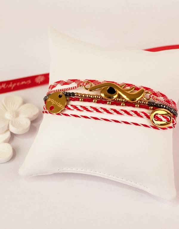 Βραχιόλι Μάρτης, με ατσάλινα στοιχεία, ημιπολύτιμους λίθους και πλακέ κορδόνια