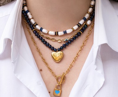 Σετ κολιέ με ατσάλινα στοιχεία, ημιπολύτιμους λίθους και ατσάλινες αλυσίδες