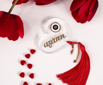 Plexi επιτραπέζια καρδιά με μάτι και κόκκινο φουντάκι