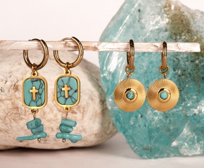 Σετ ατσάλινα σκουλαρίκια με κοράλι και με ατσάλινα στοιχεία με χαολίτη