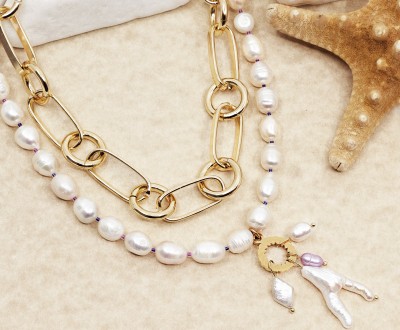 Σετ κολιέ με αλυσίδα αλουμινίου με ατσάλινο κούμπωμα Τ και με μαργαριτάρια