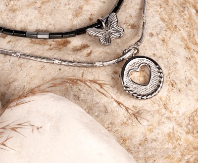 Σετ κολιέ με Silver ατσάλινα στοιχεία και ημιπολύτιμο λίθο αιματίτη