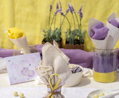 Μπομπονιέρα με ύφασμα διακοσμημένη με μεταλλικό στοιχείο Minnie, τρέσα και διάφορες κορδέλες