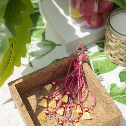 Μαρτυρικά με ροζ κορδόνι, μεταλλικό σταυρό, κίτρινη φούντα και ματάκι