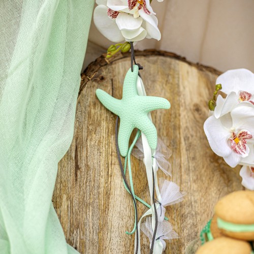 Κρεμαστή μπομπονιέρα με πολυεστερικό αστερία διακοσμημένη με σατέν κορδέλα και σουέντ κορδόνια