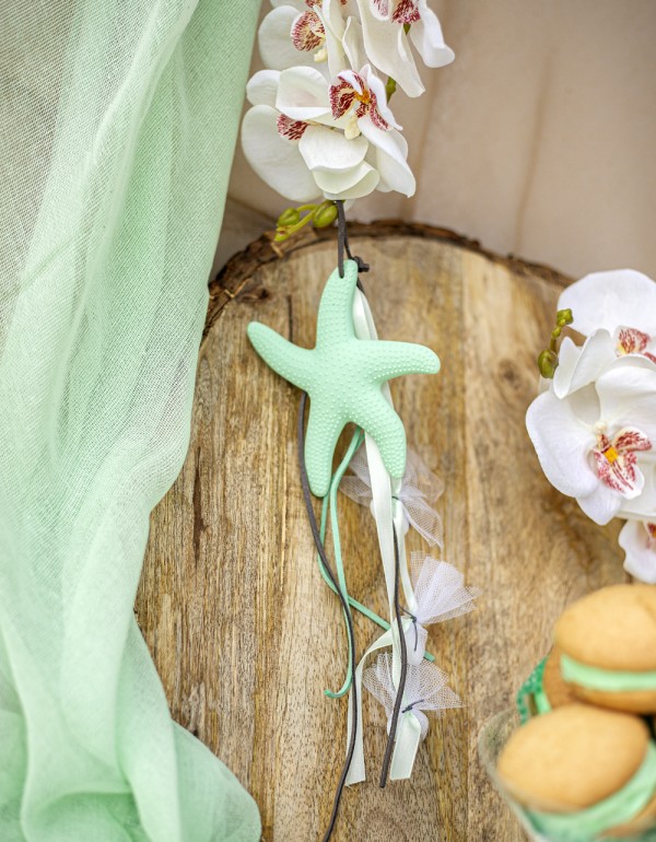 Κρεμαστή μπομπονιέρα με πολυεστερικό αστερία διακοσμημένη με σατέν κορδέλα και σουέντ κορδόνια