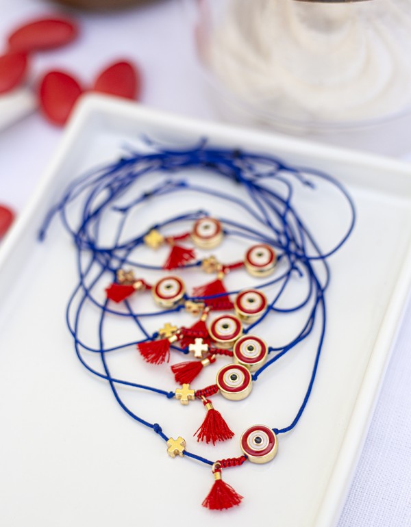 Μαρτυρικά βραχιόλια από νάυλον κορδόνι με μεταλλικά στοιχεία σταυρό και ματάκι και φουντάκι