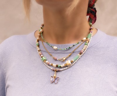Σετ κολιέ με μοτίφ κρύσταλλο πεταλούδα επιμεταλλωμένο κρεμαστό, κρύσταλλα, νεφρίτη, μαργαριτάρια και χαολίτη