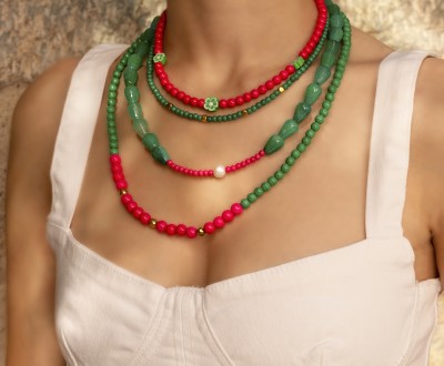 Σετ κολιέ με ημιπολύτιμους λίθους, φίμο λουλούδι slider και μαργαριτάρι