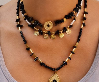 Σετ κολιέ με ατσάλινα και μεταλλικά στοιχεία, αιματίτη, μαύρη πέτρα και μαργαριτάρια