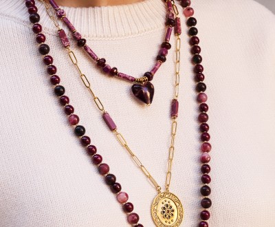 Σετ κολιέ με ατσάλινη αλυσίδα, ατσάλινο στοιχείο, ημιπολύτιμους λίθους και murano καρδιά