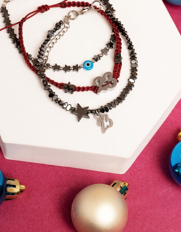 Σετ βραχιόλια γούρια με ατσάλινα designs '23' και αιματίτη
