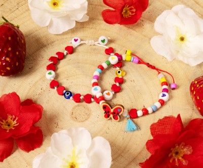 Παιδικά Βραχιόλια Μάρτης, με γυάλινες κοντερίες, καρδιές αιματίτη, ματάκια και φουντίτσα