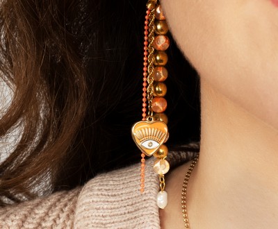 Σκουλαρίκια με ατσάλινη και σιδερένια αλυσίδα, ατσάλινο στοιχείο και ημιπολύτιμους λίθους