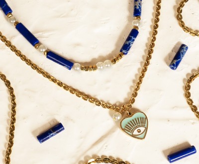 Σετ κολιέ με ατσάλινη αλυσίδα, ημιπολύτιμους λίθους και ατσάλινο στοιχείο