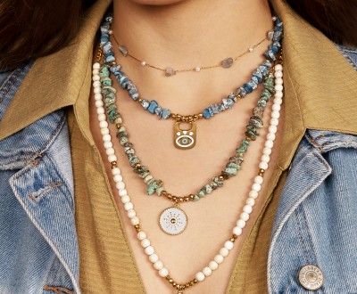 Σετ κολιέ με ροζάριο, ατσάλινες αλυσίδες, χαολίτες, αιματίτες και ατσάλινα στοιχεία