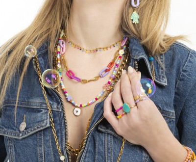 Σετ κοσμημάτων με ατσάλινες αλυσίδες και ατσάλινα στοιχεία, millefiore και πολύχρωμες χάντρες, κοντερίες, φίμο και κεραμικά στοιχεία