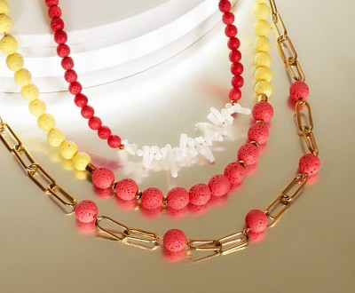 Κολιέ με λάβες, αιματίτη, κοράλι και ατσάλινη αλυσίδα