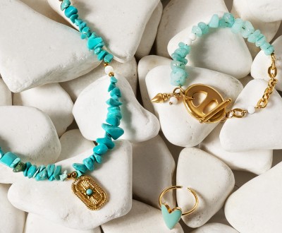 Κολιέ και βραχιόλι με ημιπολύτιμους λίθους, ατσάλινα στοιχεία και αλυσίδα