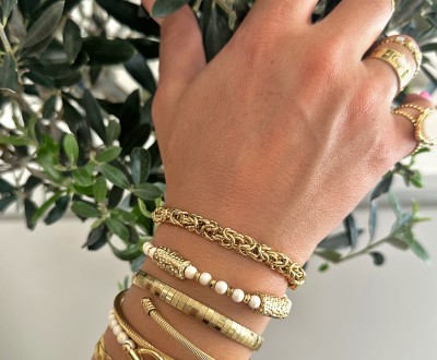 Σετ βραχιόλια σε λευκόχρυσους τόνους με ημιπολύτιμους λίθους, ατσάλινα στοιχεία και ατσάλινες αλυσίδες