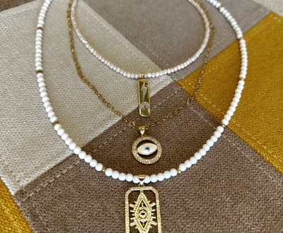 Σετ κολιέ με ημιπολύτιμους λίθους σε λευκόχρυσους τόνους, με ατσάλινα στοιχεία και ατσάλινες αλυσίδες