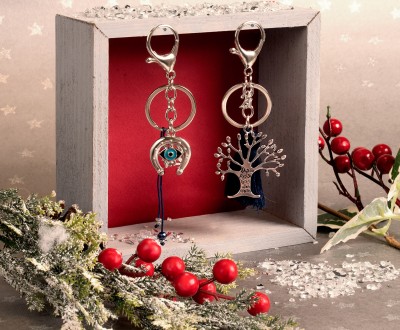 Γούρια μπρελόκ με γάντζο , μεταλλικά στοιχεία δέντρο με ευχές και πέταλο με μάτι και λεπτομέρειες σε dark blue αποχρώσεις