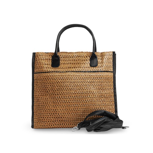 Γυναικεία τσάντα shopper ψάθινη με λουράκια από οικολογικό δέρμα