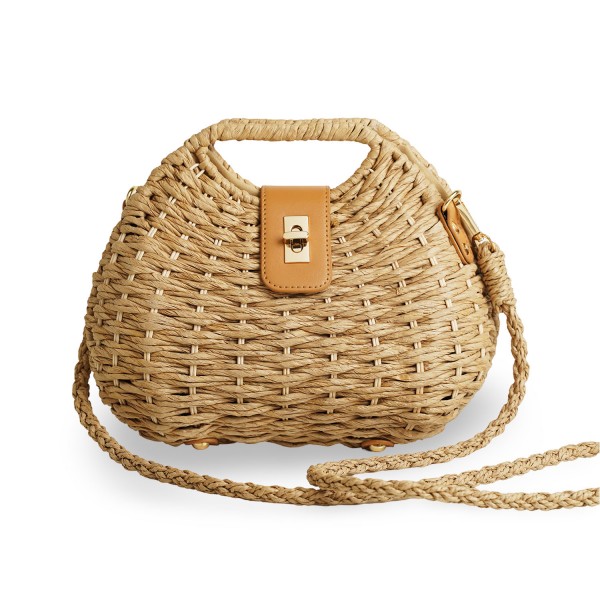 Γυναικεία τσάντα ψάθινη με λεπτομέρειες από οικολογικό δέρμα και λουράκι χιαστί