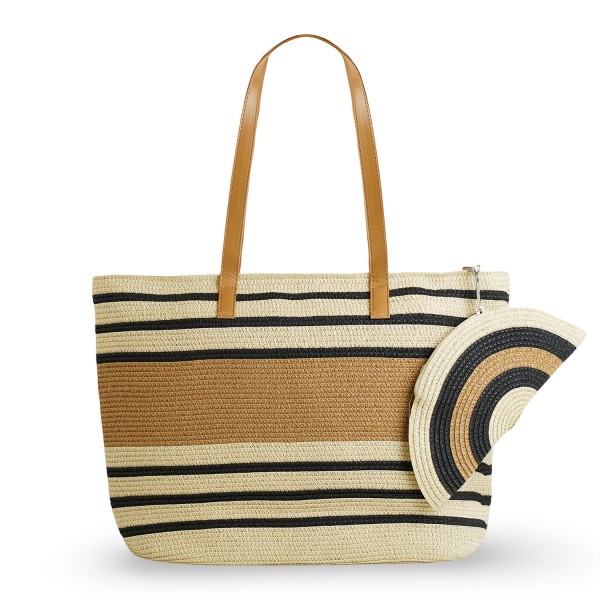 Γυναικεία τσάντα shopper ψάθινη με λουράκια από οικολογικό δέρμα και πορτοφόλι