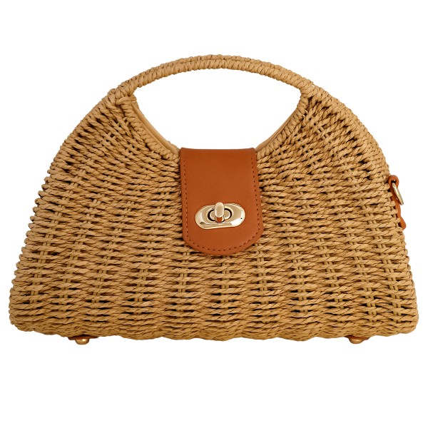 Γυναικεία τσάντα ψάθινη με λεπτομέρειες από οικολογικό δέρμα και λουράκι