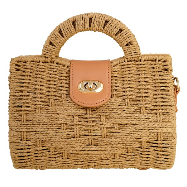 Γυναικεία τσάντα ψάθινη με λεπτομέρειες από οικολογικό δέρμα και λουράκι