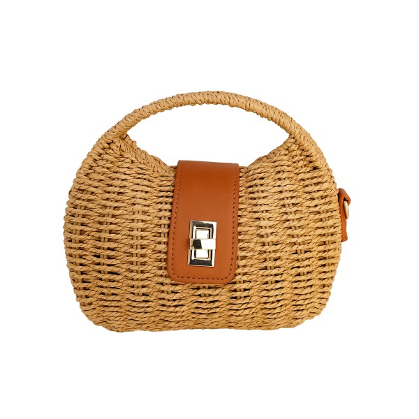 Γυναικεία τσάντα ψάθινη με λεπτομέρειες από οικολογικό δέρμα και λουράκι