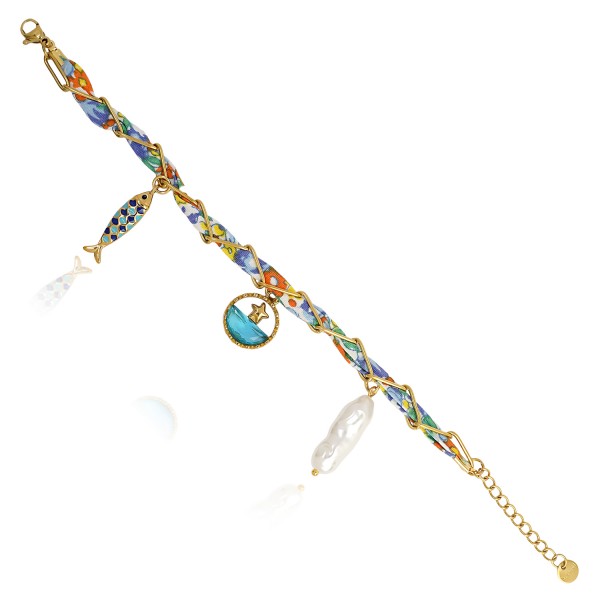 Ατσάλινο βραχιόλι με υφασμάτινο κορδόνι και charms