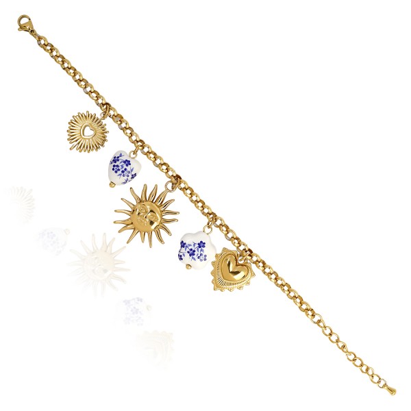 Ατσάλινο βραχιόλι με αλυσίδα, κεραμικές καρδιές και charms