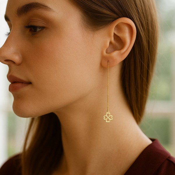 Ατσάλινα σκουλαρίκια με αλυσίδα και τετράφυλλο τριφύλλι