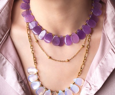 Σετ κολιέ με κρυστάλλινες πέτρες δάκρυ, σε λιλά και moonstone αποχρώσεις και ατσάλινες αλυσίδες