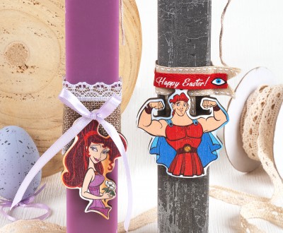 Πασχαλινές λαμπάδες για ζευγάρια με ξύλινα στοιχεία ''ΗΡΑΚΛΗΣ''-''ΜΕΓΚΑΡΑ'', διακοσμημένες  με κορδόνια και κορδέλες