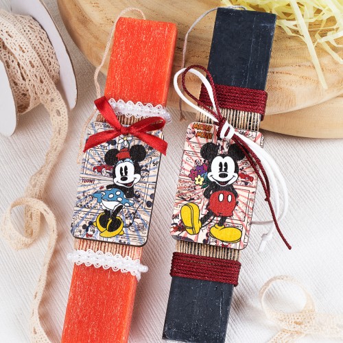 Πασχαλινές λαμπάδες για ζευγάρια με ξύλινο στοιχείο ''mickey-minnie'', διακοσμημένες με κορδέλες τρέσες και μαργαριτάρια