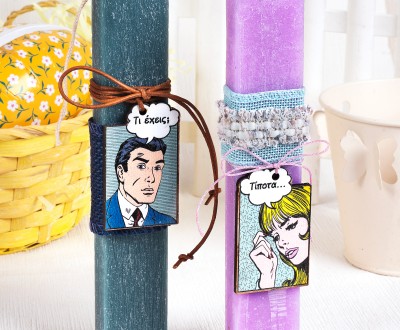 Πασχαλινές λαμπάδες σε χρώμα πετρολ και λιλά για ζευγάρια με ξύλινο στοιχείο ''Τι εχεις;-Τιποτα...''