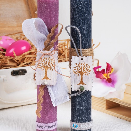 Σαγρέ στρογγυλές πασχαλινές λαμπάδες,  με ξύλινο στοιχείο το δέντρο της ζωής , διακοσμημένο με σπάγγο , κορδέλες και μεταλλιζέ κορδόνι