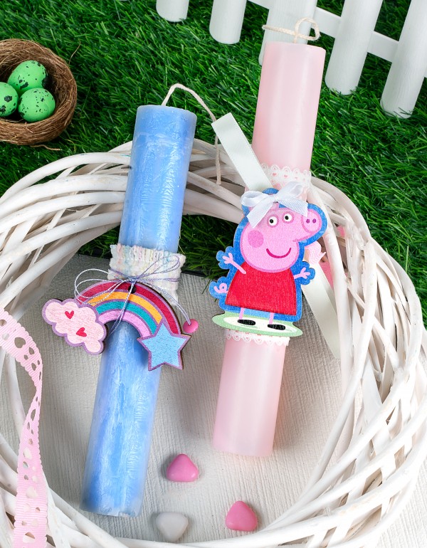 Πασχαλινές λαμπάδες για μωρά σε γαλάζιο και ροζ χρώμα, με ξύλινο στοιχείο'' ουράνιο τόξο'', ''Peppa''